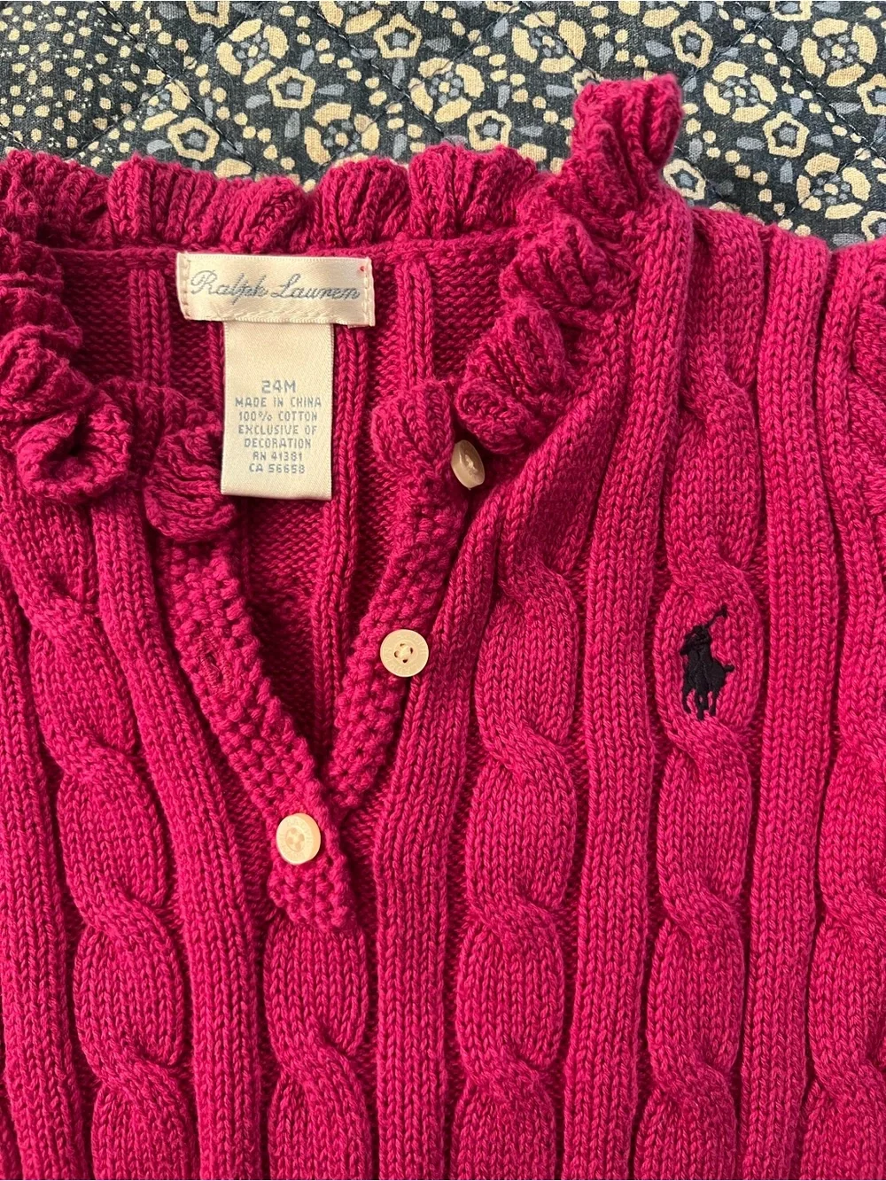 Ralph Lauren Girls' Ruffled V-Neck Cable Knit Sweater in Fuchsia 24Months